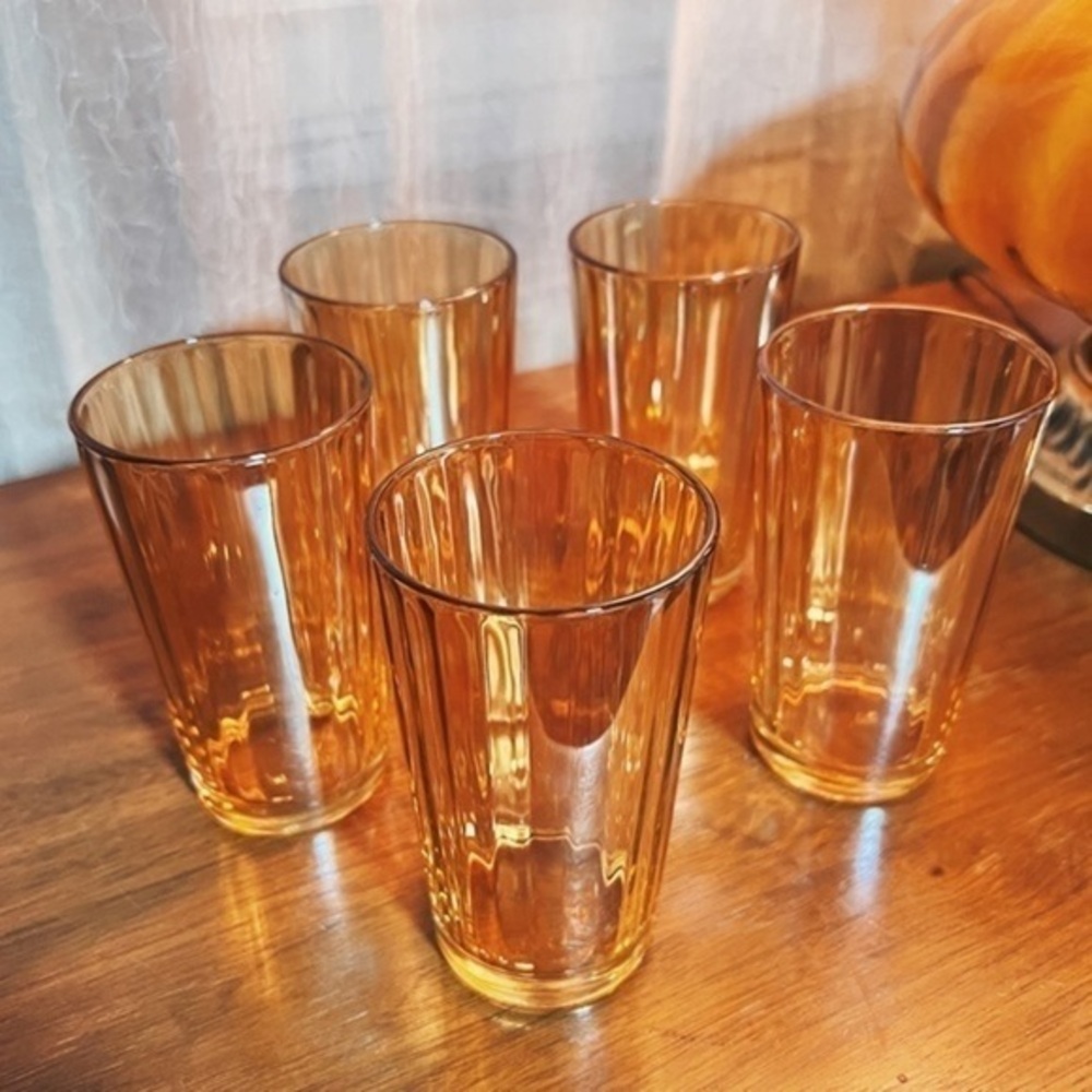 Vintage Jeanette Glass Peach Lusterware Tumblers | Iridescent Mid-Century Glass